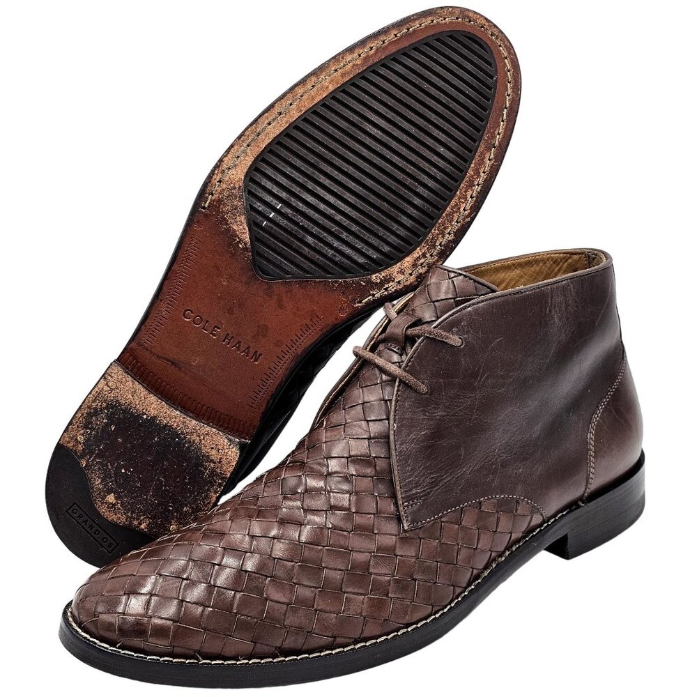 Cole Haan Cambridge Brown Woven Leather Chukka Boots Mens 8.5M Dress Shoes Ankle - Picture 13 of 16